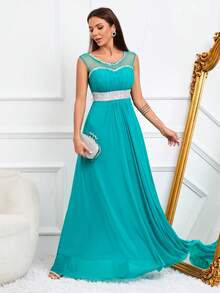 Contrast Mesh Rhinestone Detail Party Dress - Green - View 4