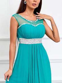 Contrast Mesh Rhinestone Detail Party Dress - Green - View 5