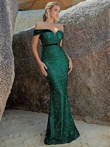 ADYCE Vestido de vestir de hombros descubiertos con lentejuelas bajo sirena - Verde - Ver 6