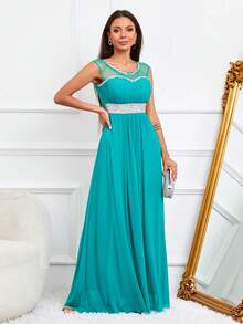 Contrast Mesh Rhinestone Detail Party Dress - Green - View 7