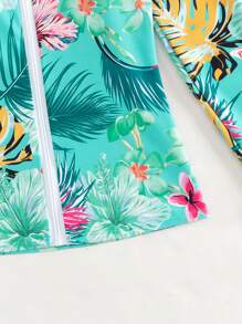 SHEIN Swim Summer Beach Tropical Print Zip Front Rashguard - Mint Blue - View 7