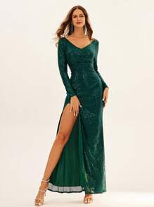 Split Thigh Sequin Formal Dress - Green - View 1