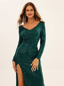 Split Thigh Sequin Formal Dress - Green - View 3