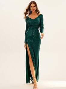 Split Thigh Sequin Formal Dress - Green - View 4