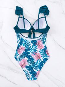 SHEIN Swim Summer Beach Tropical Print Knot Front Ruffle Trim Push Up One Piece Swimsuit - Teal Blue - View 4
