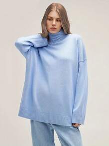 High Neck Drop Shoulder Sweater - Baby Blue - View 1