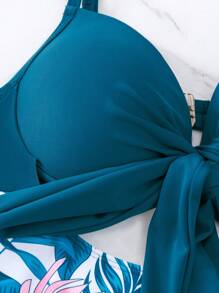 SHEIN Swim Summer Beach Tropical Print Knot Front Ruffle Trim Push Up One Piece Swimsuit - Teal Blue - View 5