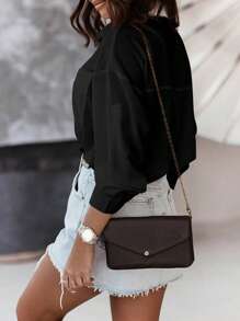Solid Button Front Shirt - Black - View 2