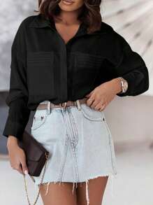 Solid Button Front Shirt - Black - View 7