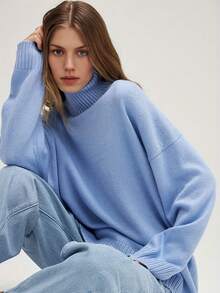 High Neck Drop Shoulder Sweater - Baby Blue - View 3