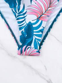 SHEIN Swim Summer Beach Tropical Print Knot Front Ruffle Trim Push Up One Piece Swimsuit - Teal Blue - View 6