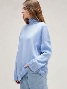 High Neck Drop Shoulder Sweater - Baby Blue - View 5