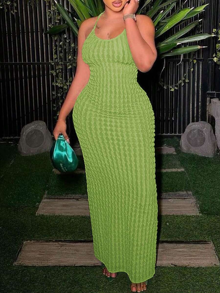 Solid Criss Cross Backless Halter Dress - Green - View 1