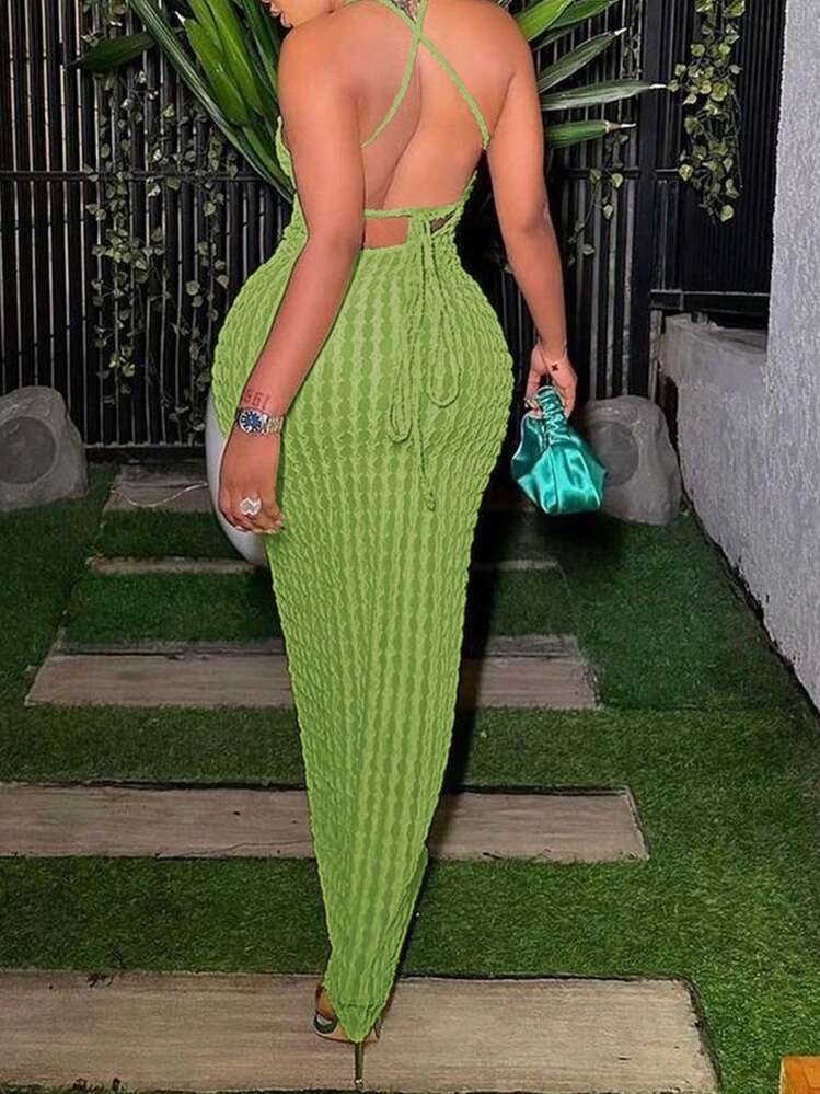 Vestido halter unicolor con tira cruzada de espalda abierta - Verde - Añade 2
