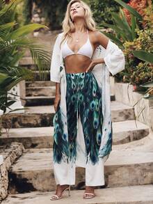 Peacock Print Kimono & Trousers - View 7