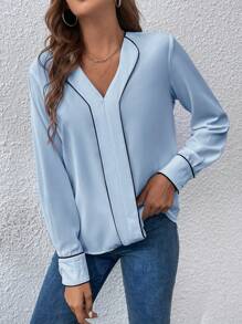 SHEIN Privé Blusa unido en contraste de cuello V - Azul - Ver 6