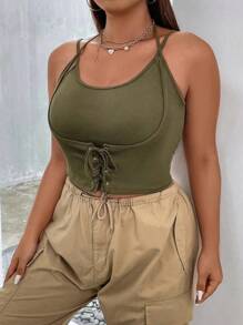 Flirla 大碼前繫帶吊帶上衣 - 軍綠色 - 查看 4