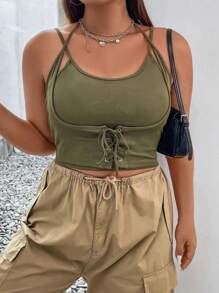 Flirla 大碼前繫帶吊帶上衣 - 軍綠色 - 查看 5