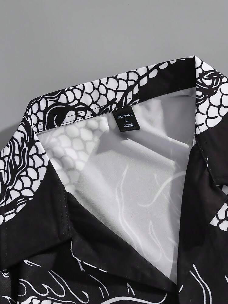 ROMWE MEN Anime Hombres Camisa dragón & con estampado de fuego de cuello con solapa - Negro - Añade 6