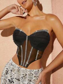 Hauture Pha lê Cắt tỉa Sheer Panel Áo - màu đen - Xem 1