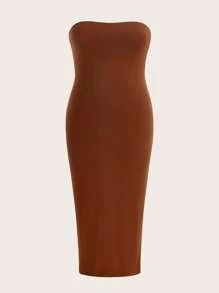 SHEIN BASICS 大碼素色抹胸緊身洋裝 - 咖啡棕 - 查看 1