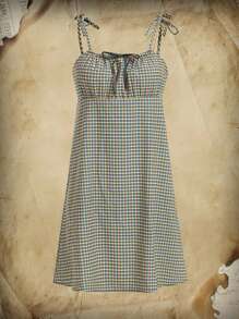 ROMWE 格紋肩上打結吊帶洋裝 - 彩色 - 查看 1