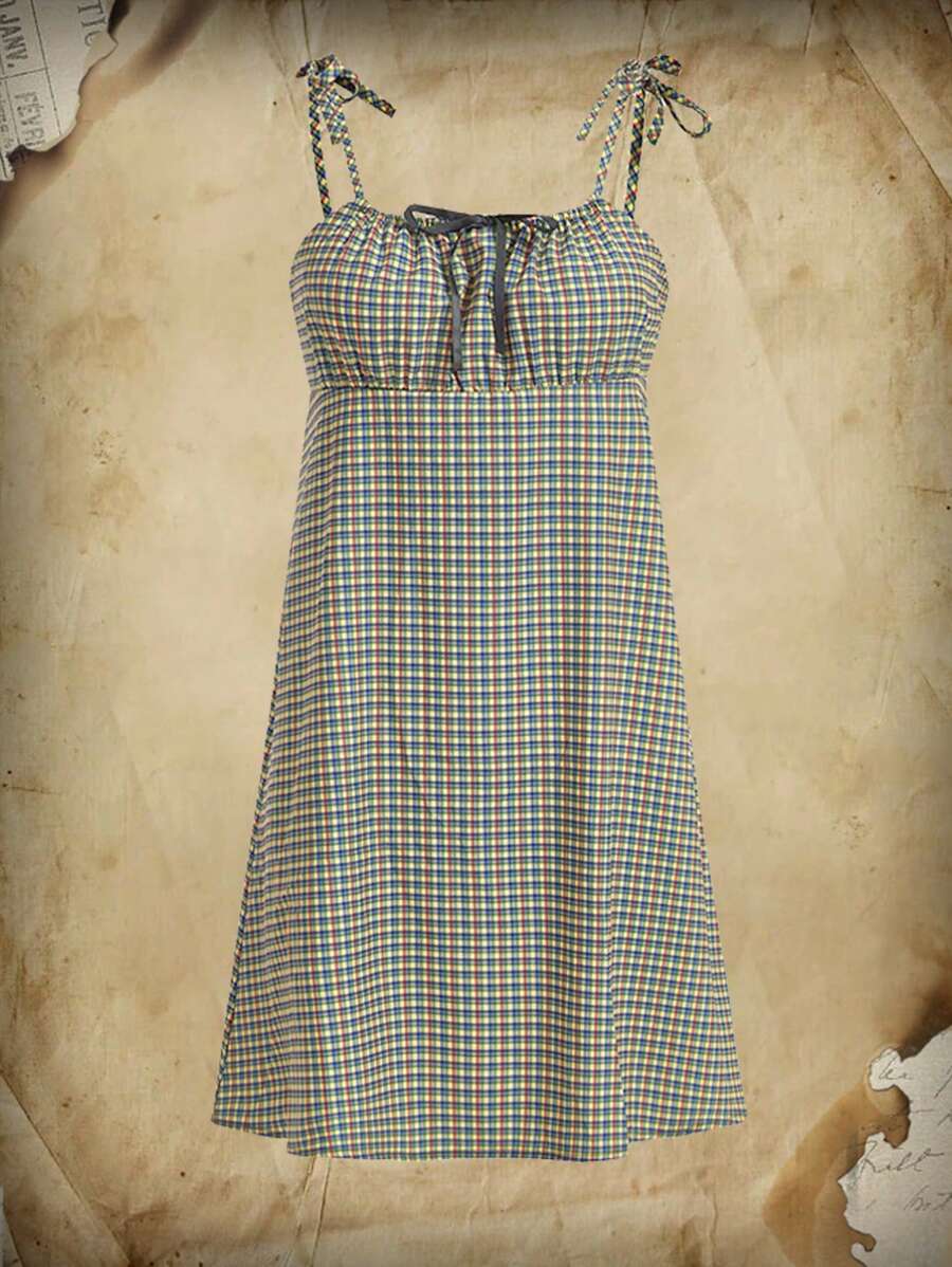 ROMWE 格紋肩上打結吊帶洋裝 - 彩色 - 查看 1