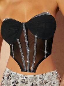 Hauture Pha lê Cắt tỉa Sheer Panel Áo - màu đen - Xem 6