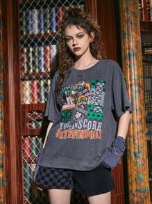 Harry Potter | ROMWE Camiseta De Hombros Caídos Con Gráficos De Letras Y Números - Gris Oscuro - Ver 1