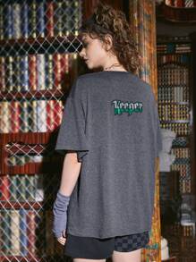 Harry Potter | ROMWE Camiseta De Hombros Caídos Con Gráficos De Letras Y Números - Gris Oscuro - Ver 2