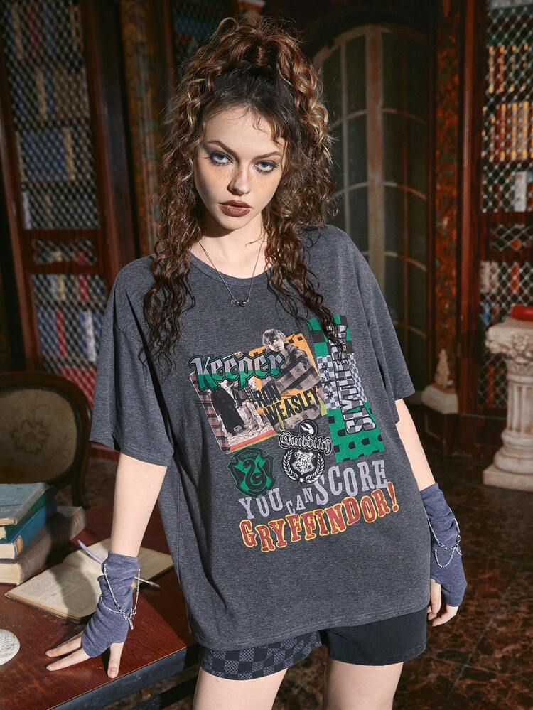 Harry Potter | ROMWE Letter & Figure Graphic Drop Shoulder Tee - Dark Grey - View 4