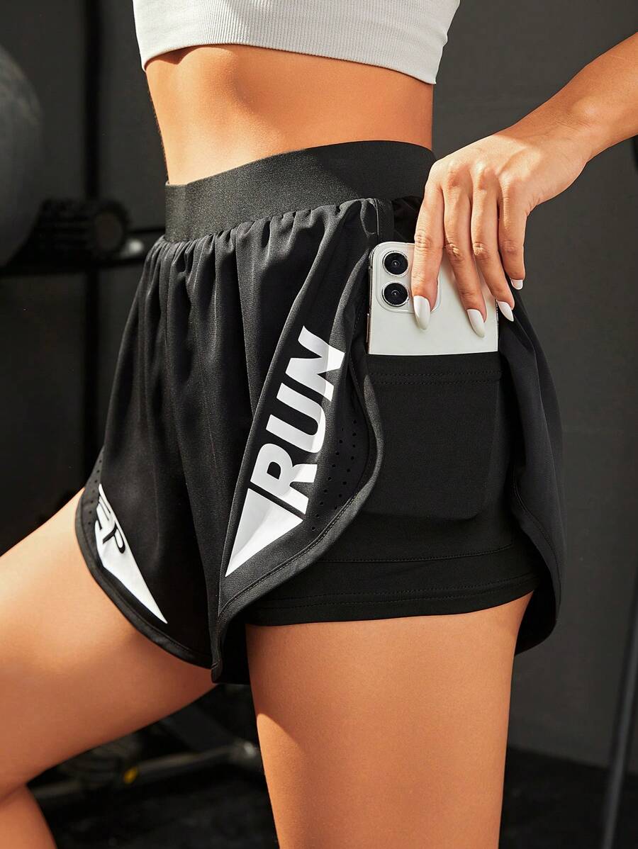 Yoga Basic 字母圖案手機口袋運動短褲 - 黑色 - 查看 1