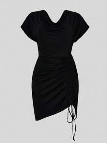 Celure Đầm Plus Size Vắt Dây kéo Xù màu trơn Giải trí - màu đen - Xem 1