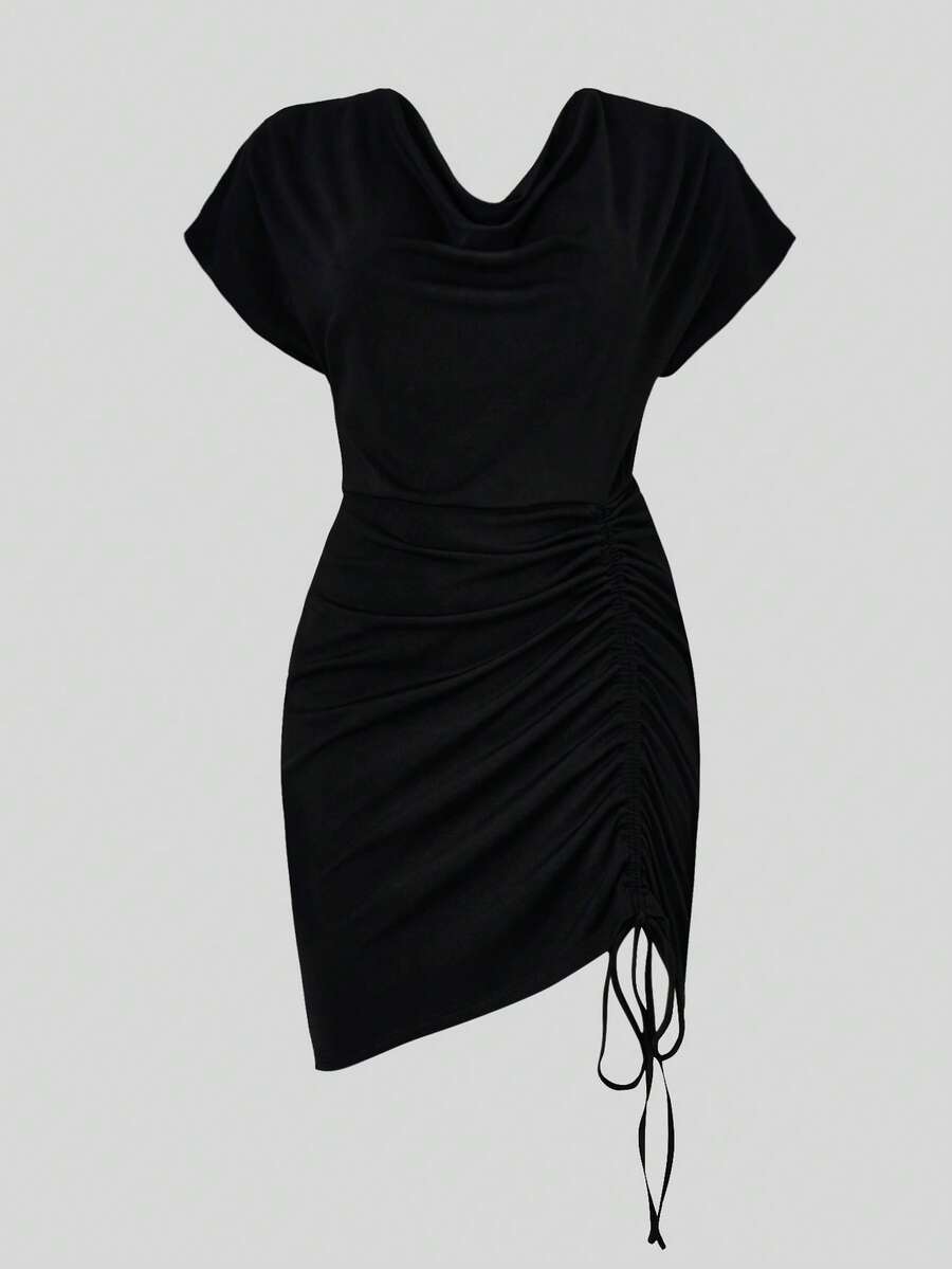 Celure Đầm Plus Size Vắt Dây kéo Xù màu trơn Giải trí - màu đen - Xem 1