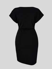 Celure Đầm Plus Size Vắt Dây kéo Xù màu trơn Giải trí - màu đen - Xem 2