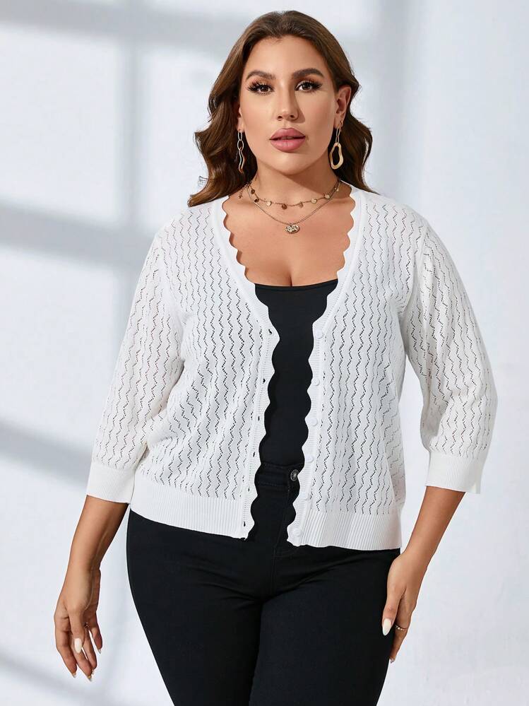 SHEIN LUNE Plus Scallop Trim Pointelle Knit Cardigan Without Cami Top - White - View 1