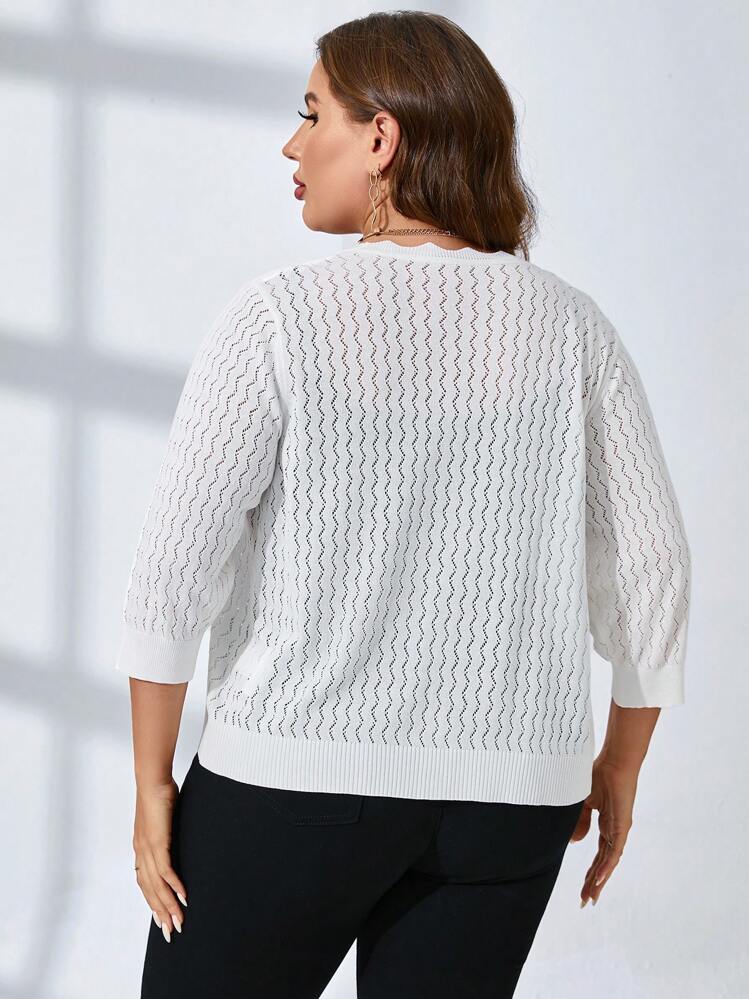SHEIN LUNE Plus Scallop Trim Pointelle Knit Cardigan Without Cami Top - White - View 2