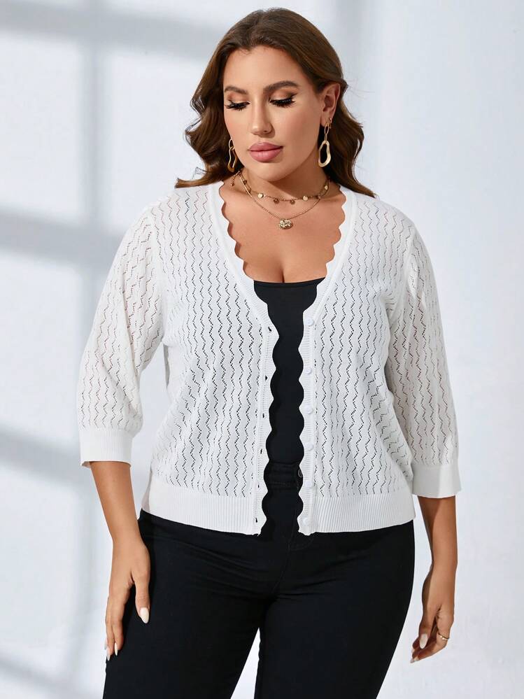 SHEIN LUNE Plus Scallop Trim Pointelle Knit Cardigan Without Cami Top - White - View 3