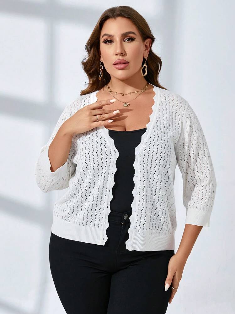 SHEIN LUNE Plus Scallop Trim Pointelle Knit Cardigan Without Cami Top - White - View 4