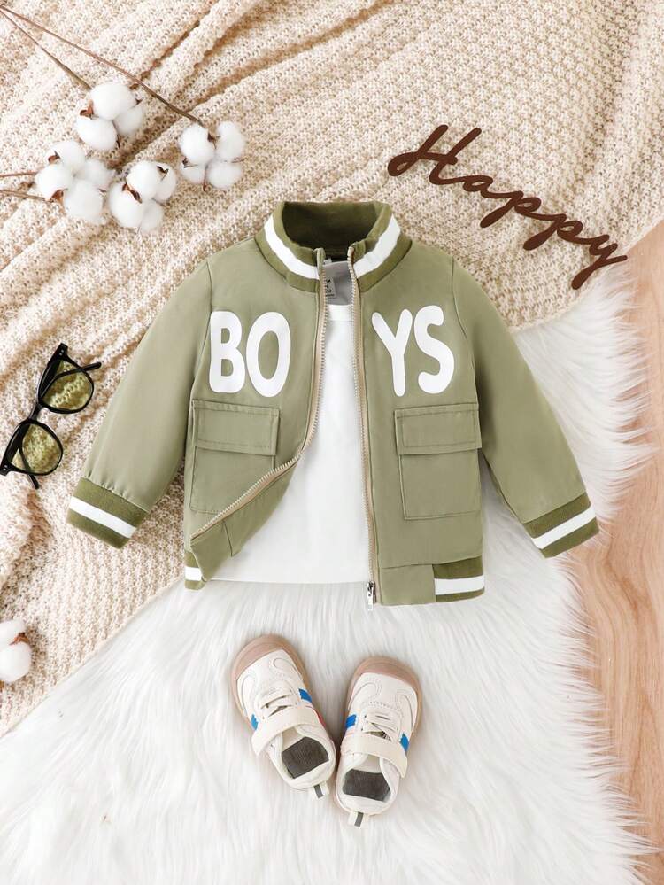 Baby Girl Letter Graphic Flap Pocket Bomber Jacket Without Tee