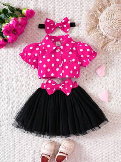 Baby Girl Polka Dot Print Puff Sleeve Blouse & Mesh Overlay Skirt & Headband