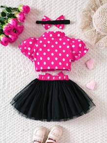 Baby Girl Polka Dot Print Puff Sleeve Blouse & Mesh Overlay Skirt & Headband - Multicolor - View 2