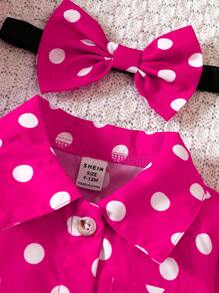 Baby Girl Polka Dot Print Puff Sleeve Blouse & Mesh Overlay Skirt & Headband - Multicolor - View 3