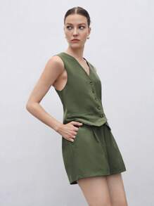 BizChic Bộ đồ nữ 2 món mùa xuân/hè, áo vest xanh lá cây phối cùng quần short rộng, trang phục công sở thường ngày thoải mái cho phái nữ - xanh quân đội - Xem 3