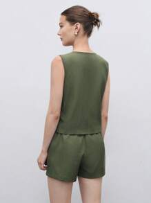 BizChic Bộ đồ nữ 2 món mùa xuân/hè, áo vest xanh lá cây phối cùng quần short rộng, trang phục công sở thường ngày thoải mái cho phái nữ - xanh quân đội - Xem 2