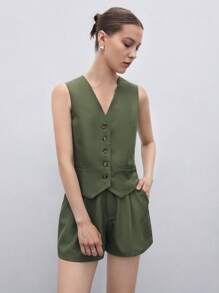 BizChic Bộ đồ nữ 2 món mùa xuân/hè, áo vest xanh lá cây phối cùng quần short rộng, trang phục công sở thường ngày thoải mái cho phái nữ - xanh quân đội - Xem 4