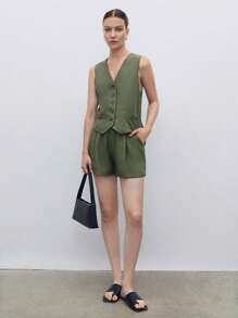 BizChic Bộ đồ nữ 2 món mùa xuân/hè, áo vest xanh lá cây phối cùng quần short rộng, trang phục công sở thường ngày thoải mái cho phái nữ - xanh quân đội - Xem 5