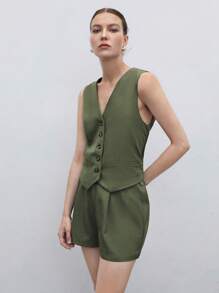 BizChic Bộ đồ nữ 2 món mùa xuân/hè, áo vest xanh lá cây phối cùng quần short rộng, trang phục công sở thường ngày thoải mái cho phái nữ - xanh quân đội - Xem 6
