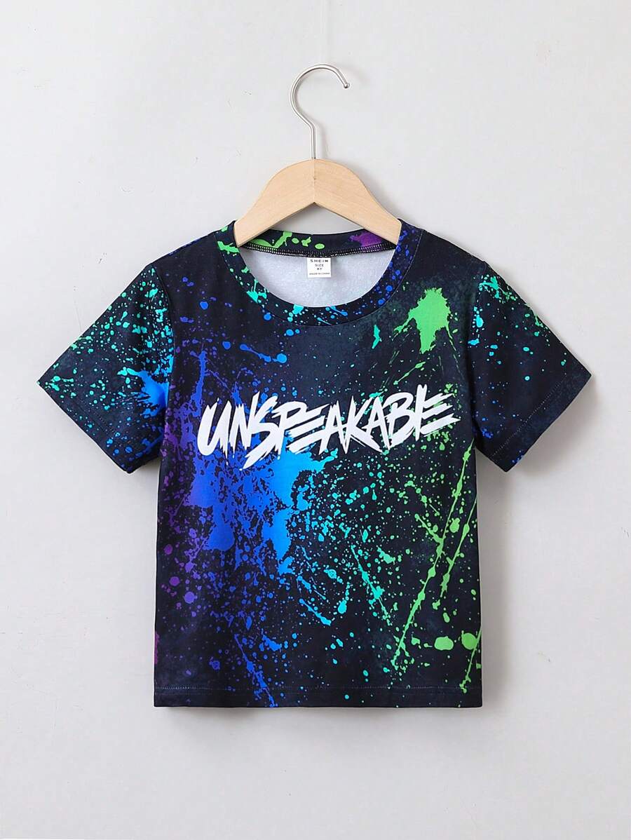 SHEIN Young Boy Splash Ink & Letter Graphic Tee - Black - View 1