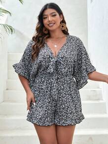 Dreamara Hơn In hoa Ditsy Nút phía trước Romper - Đen và trắng - Xem 1